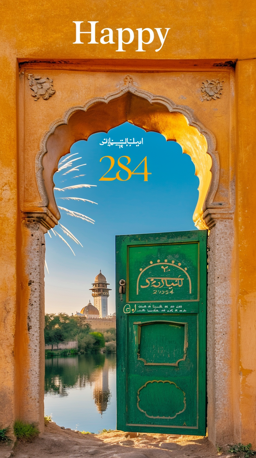 Vibrant poster of Arabic-Indian architecture and fireworks