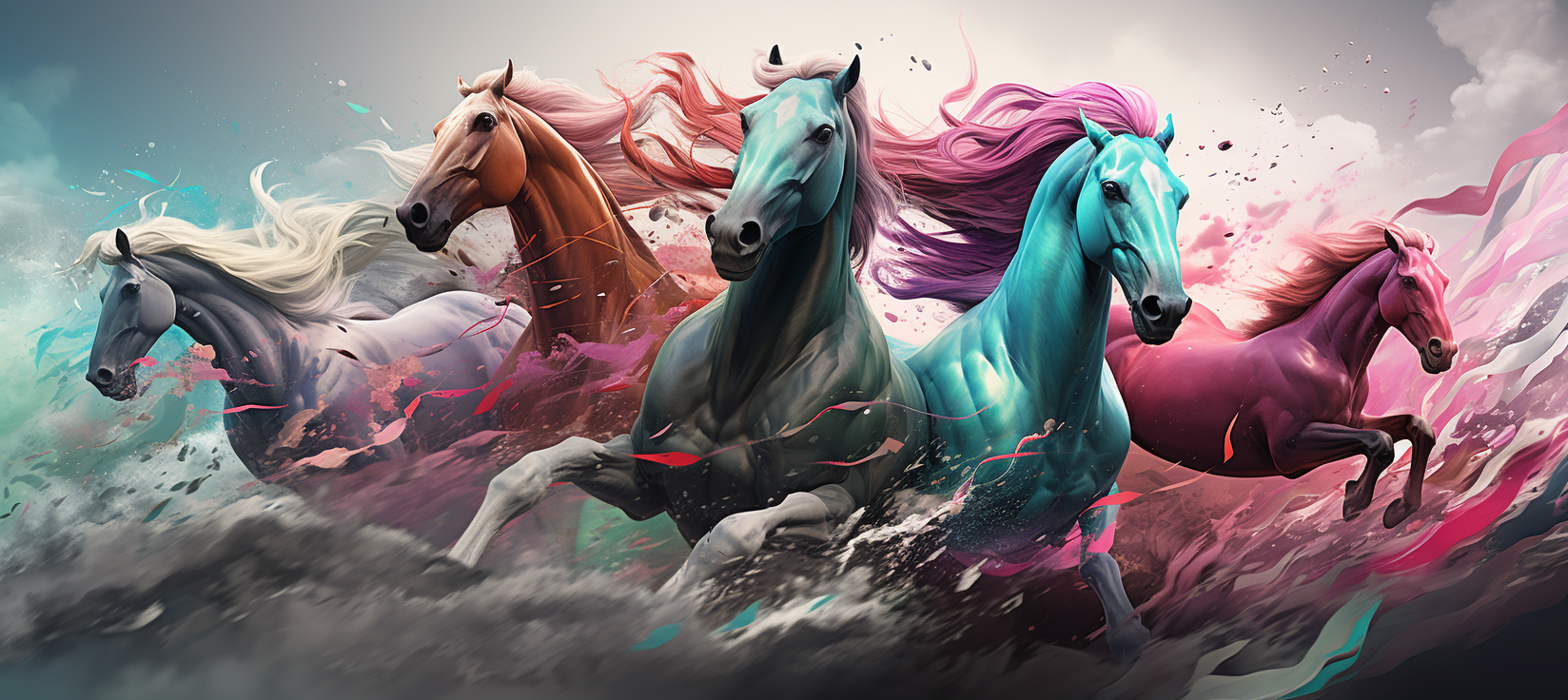 Colorful digital horses swirling around Arabic letter