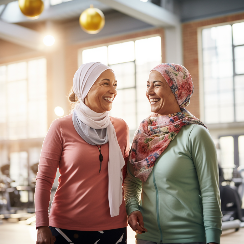 Arabic senior woman and Dutch companion exercising