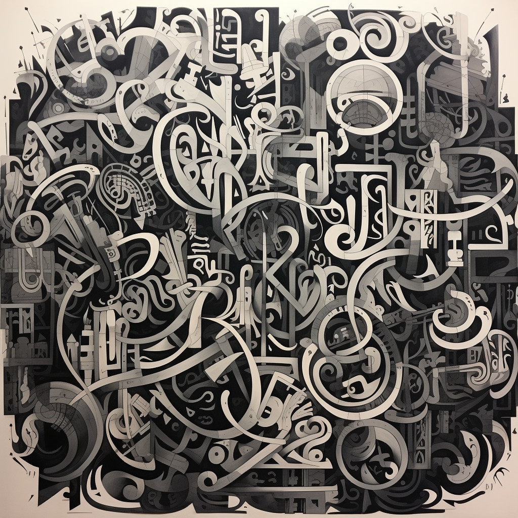 Black and white Arabic letters painting