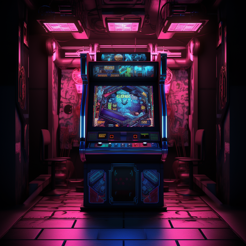 Arcade Game Machine with Neon Pixel Art