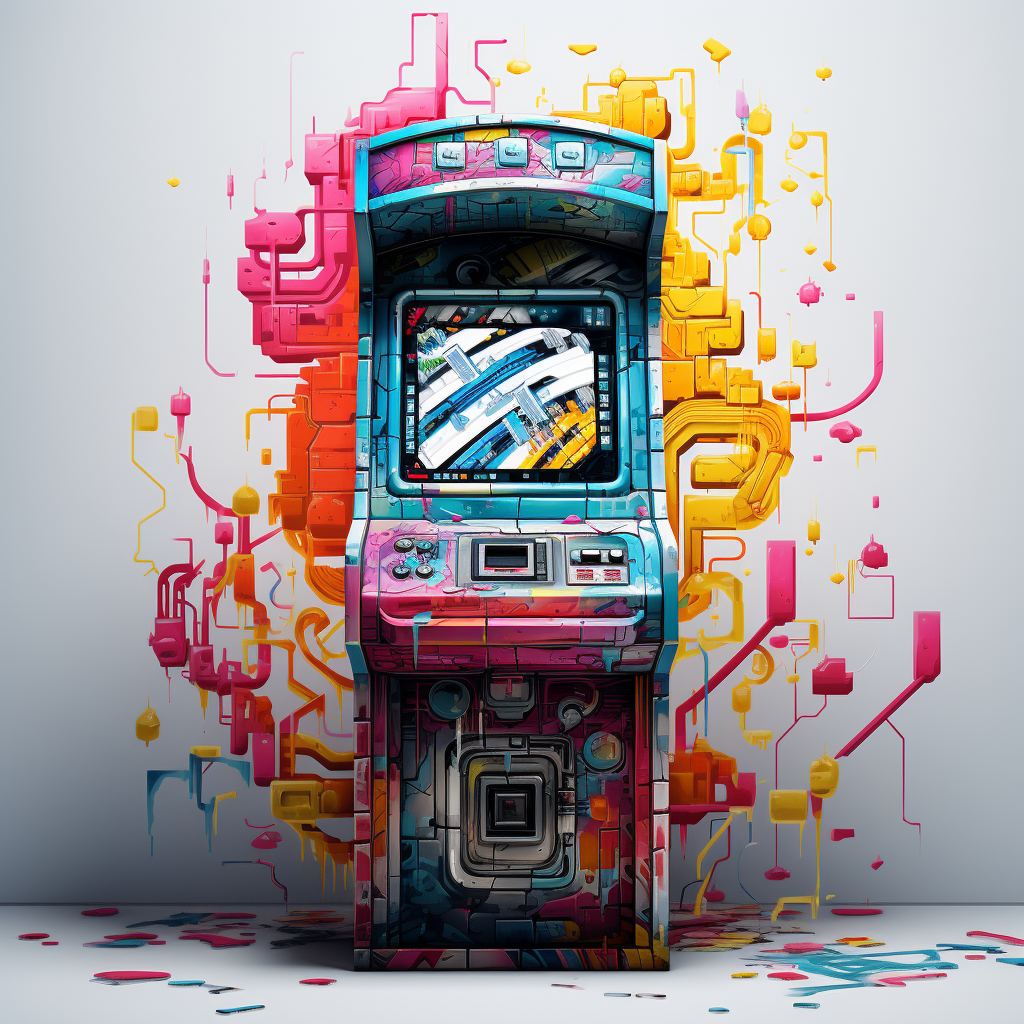 Colorful arcade machine with space invader theme