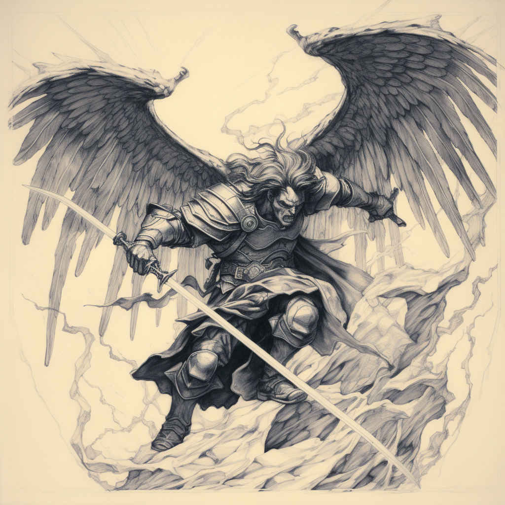 Archangel Michael defeating demon sketch