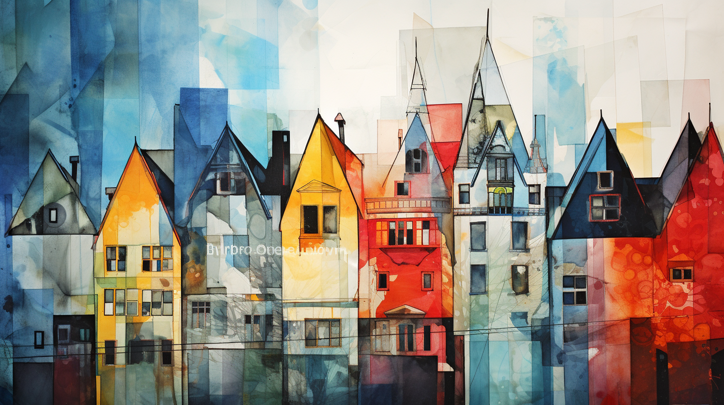 Colorful architectural collage with pitched roof