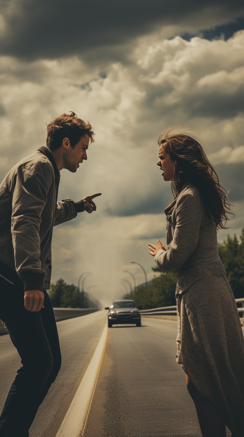 Couple arguing on the highway