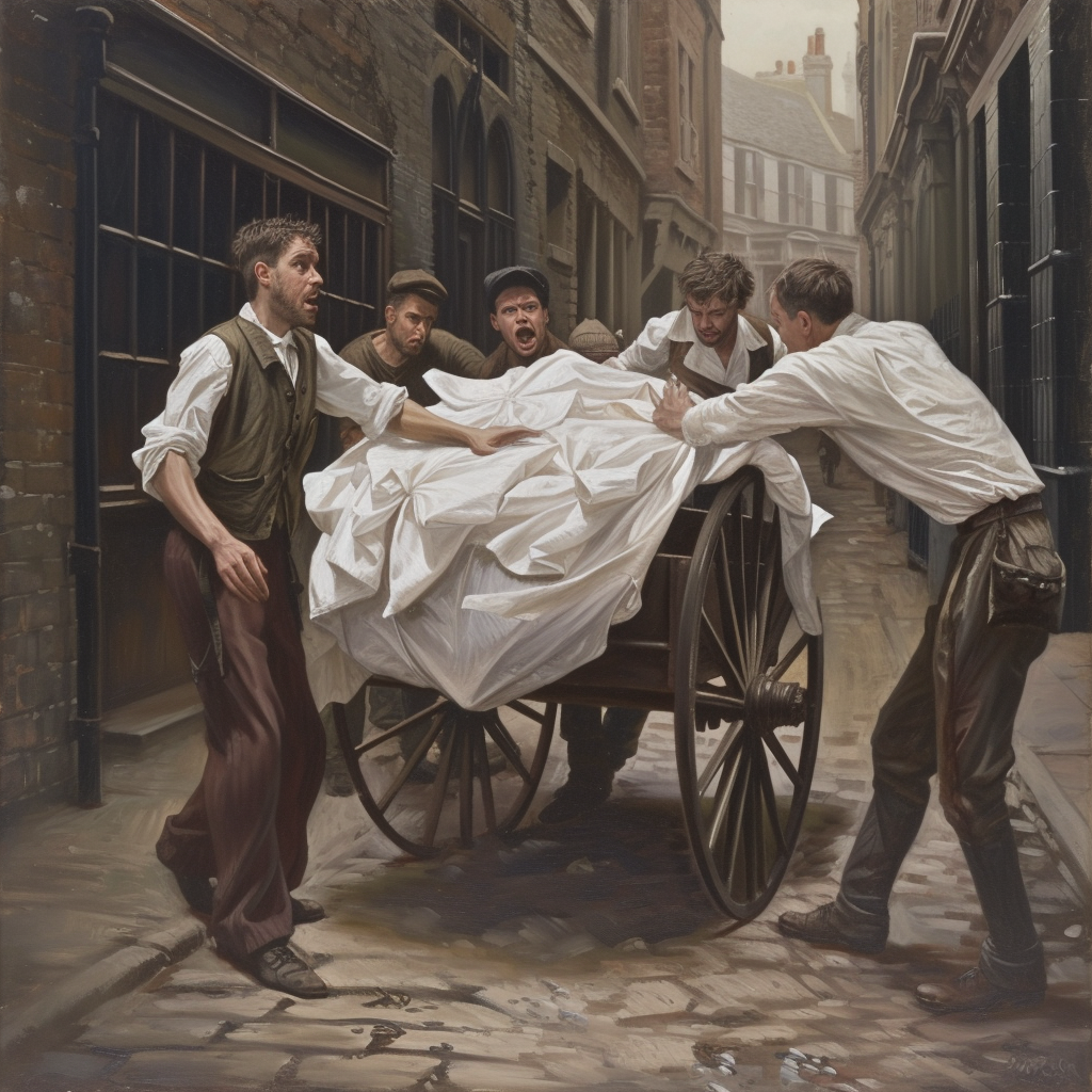 Men Arguing with Cart of White Sheets