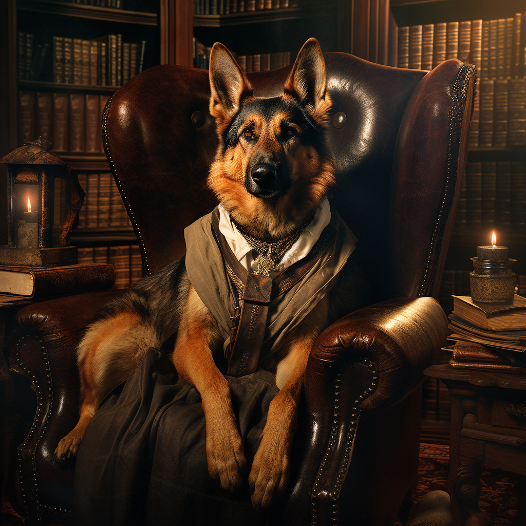 Aristocrat German Shepherd humanoid sitting on velvet armchair