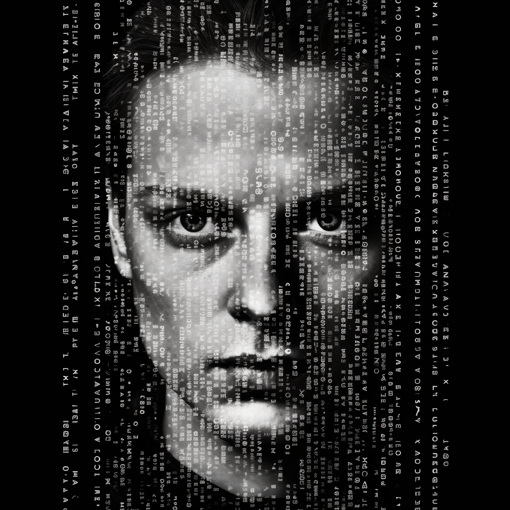 Black and white headshot of Aristotle in binary code