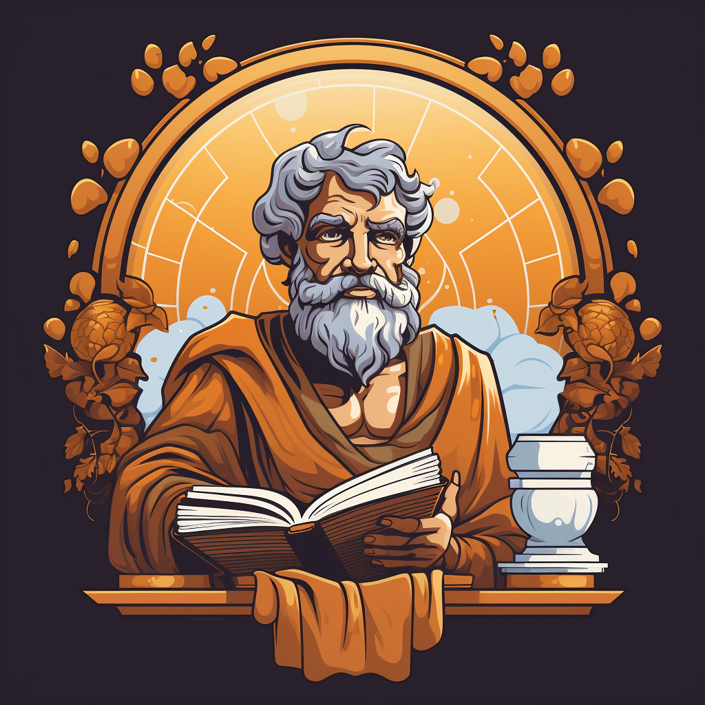 Aristotle holding scroll, advocating critical thinking