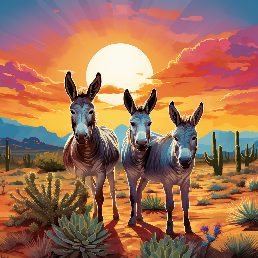 Vibrant illustration of burros in Arizona desert