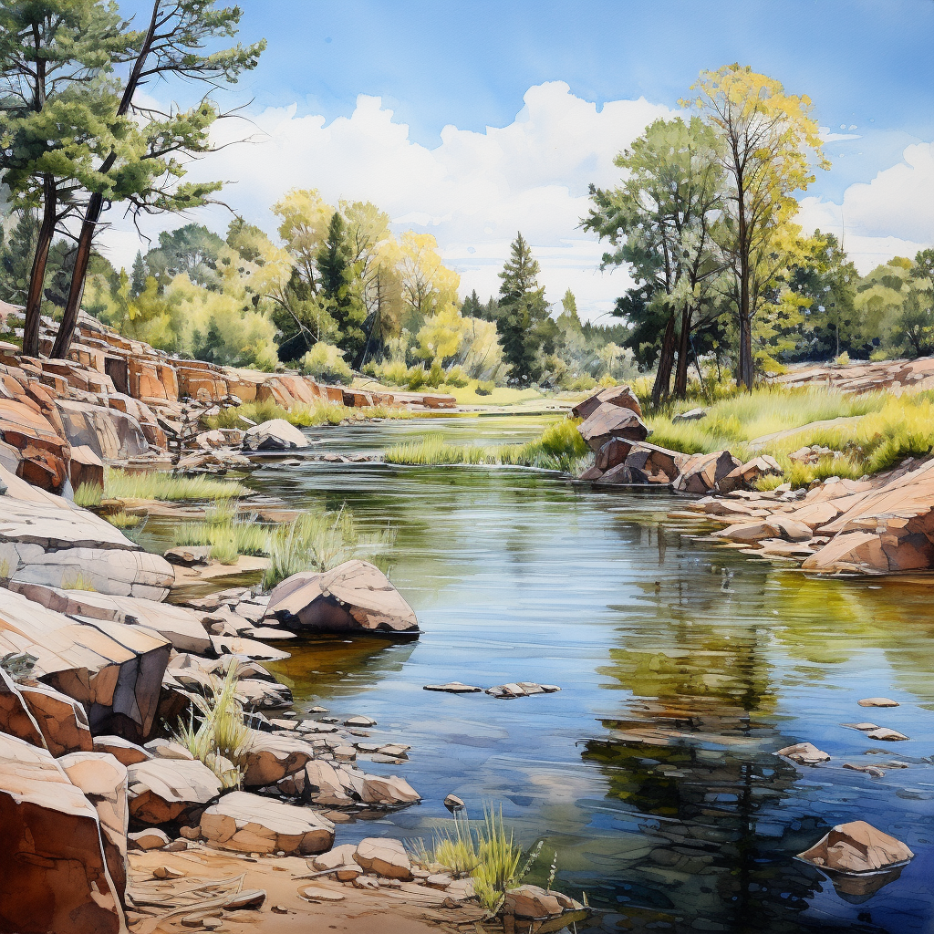 Scenic watercolor painting of the Arkansas River