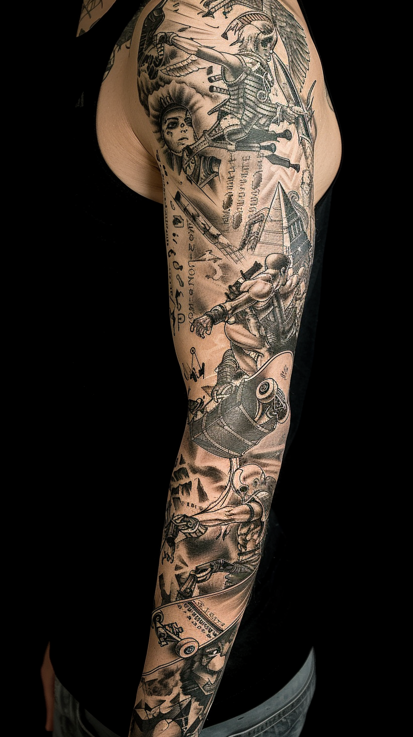 Arm tattoo skateboarding kite spartan pyramid