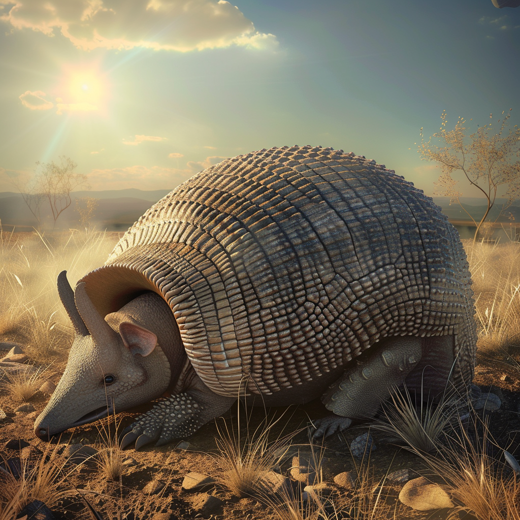 Armadillo curling into ball in grassy field