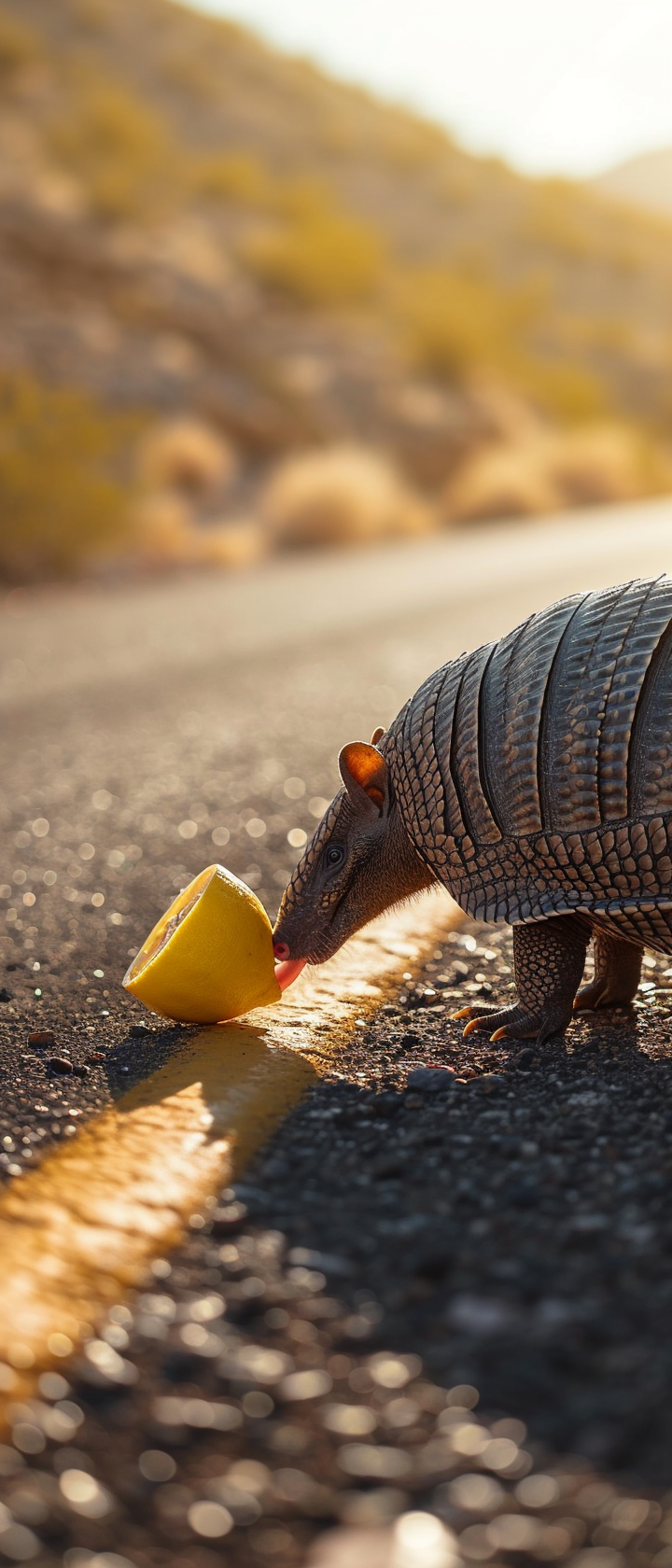 Armadillo enjoying a lemon on a Texas desert highway