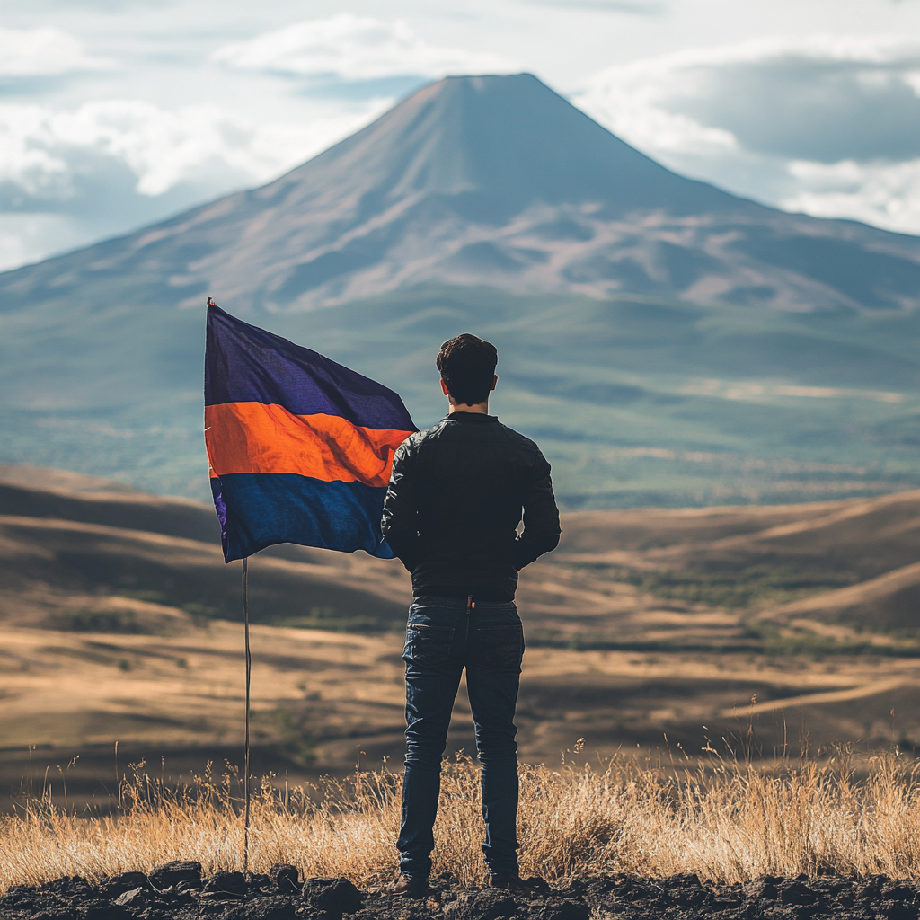 Man with Armenia Flag and Ararat View