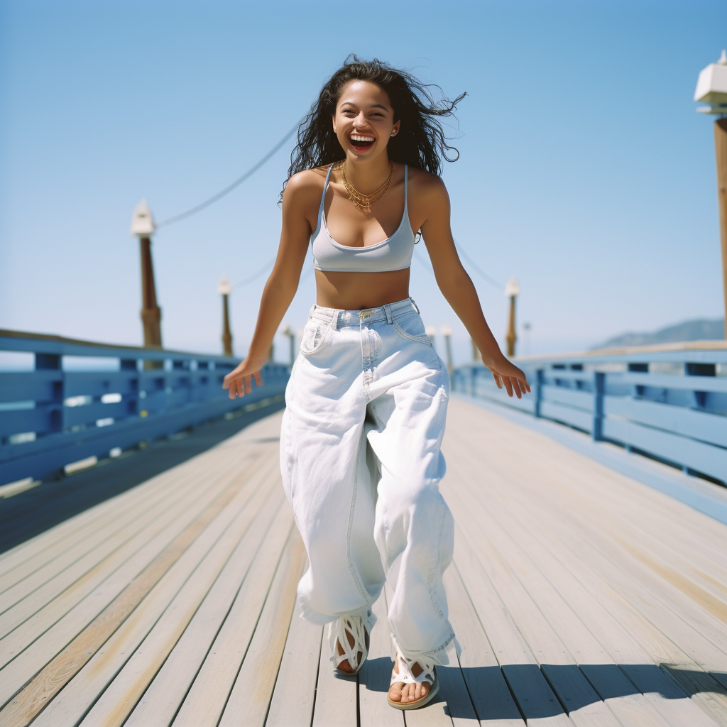 Young girl dancing happily on a sunny California boardwalk