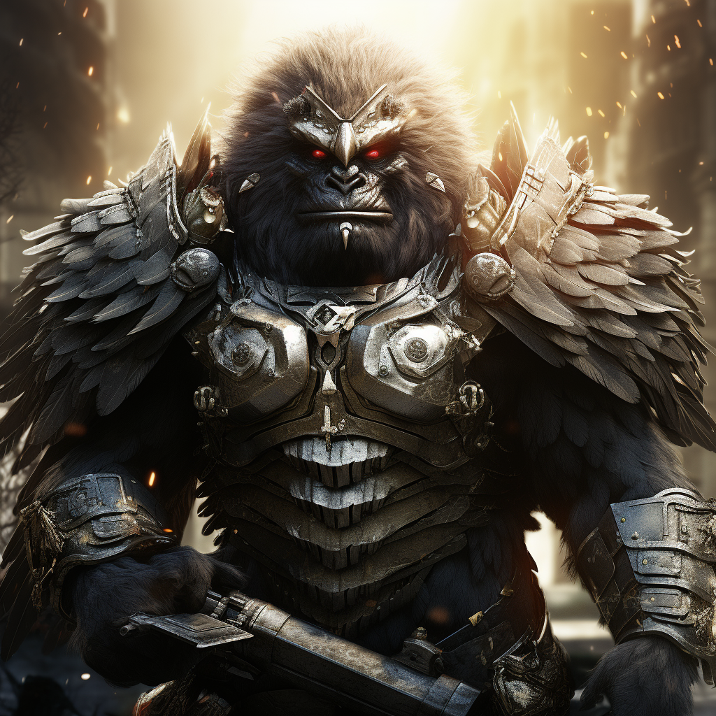 Fierce armored gorilla battling armed eagle