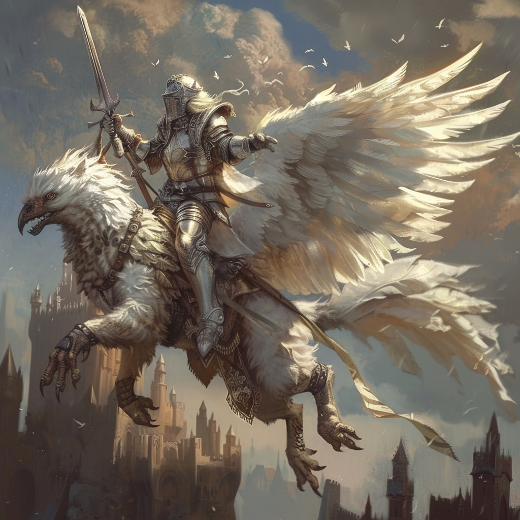 Knight riding armored griffin flying