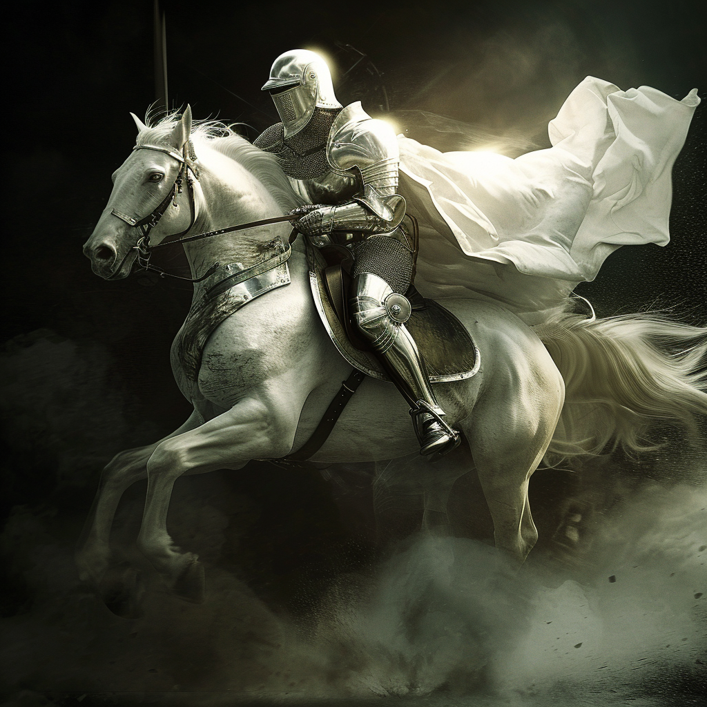 Armored knight on white horse in dynamic pose