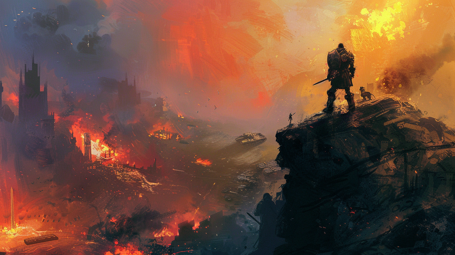 Armored man overlooking burning city