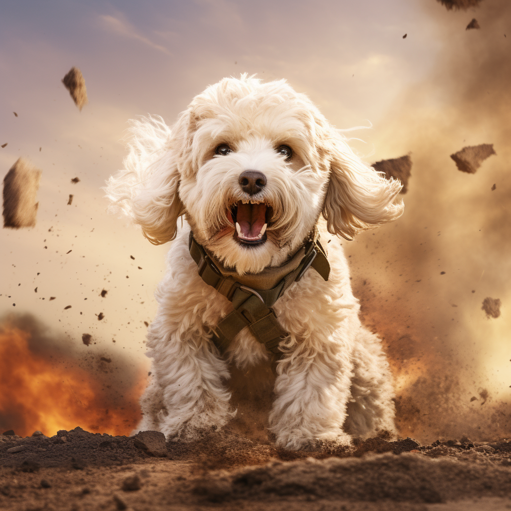 White Cockapoo Dog in Army Fighting