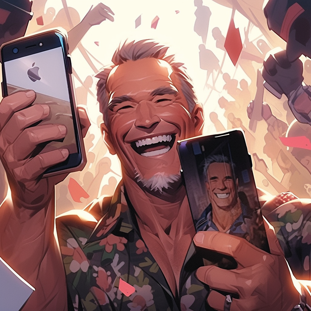 Arnold Schwarzenegger holding iPhone excitedly