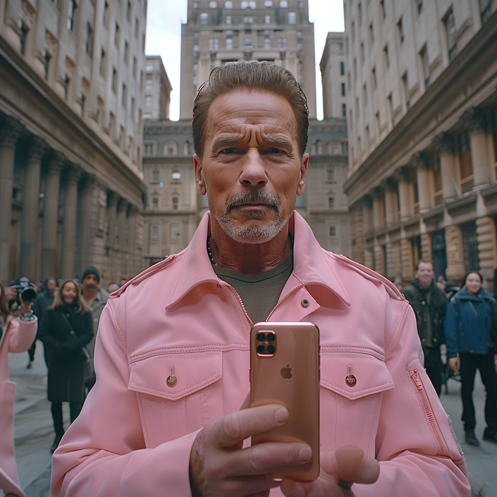 Arnold Schwarzenegger holding iPhone excitedly