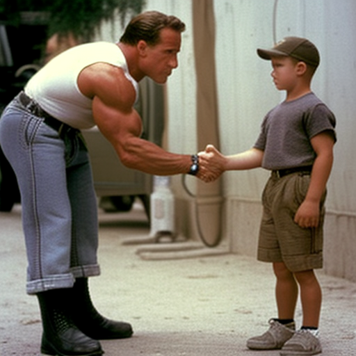 Arnold Schwarzenegger shaking hands with a small guy