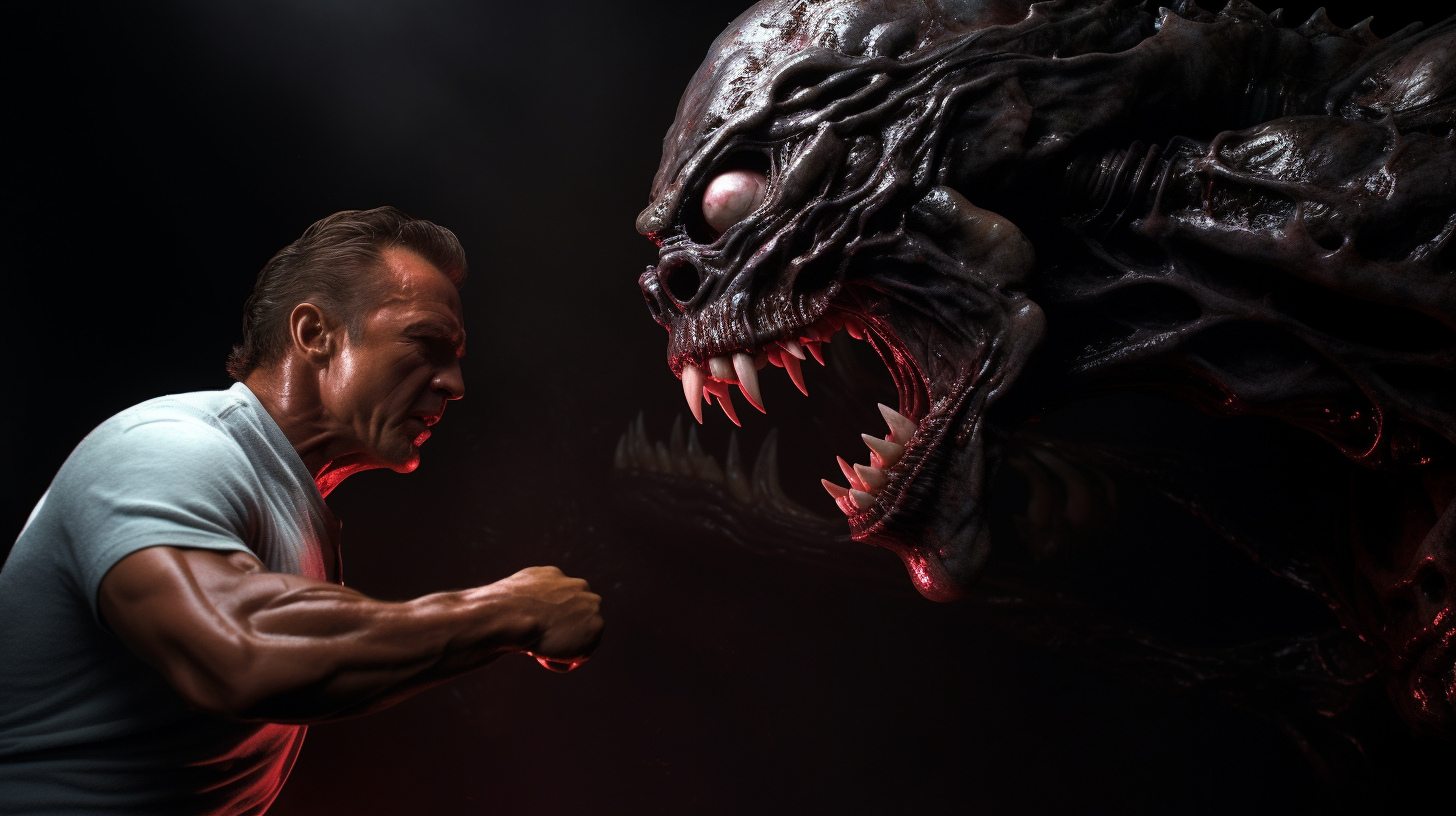 Arnold Schwarzenegger punching a Xenomorph