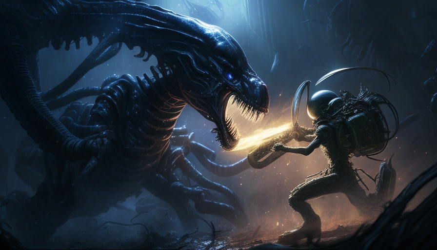 Arnold fighting a Xenomorph