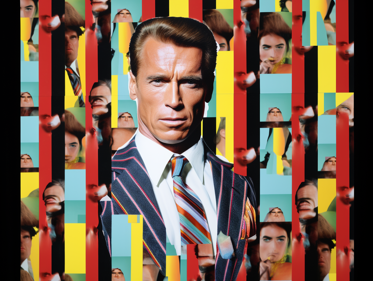 Arnold Schwarzenegger as aristocrat in striped collage