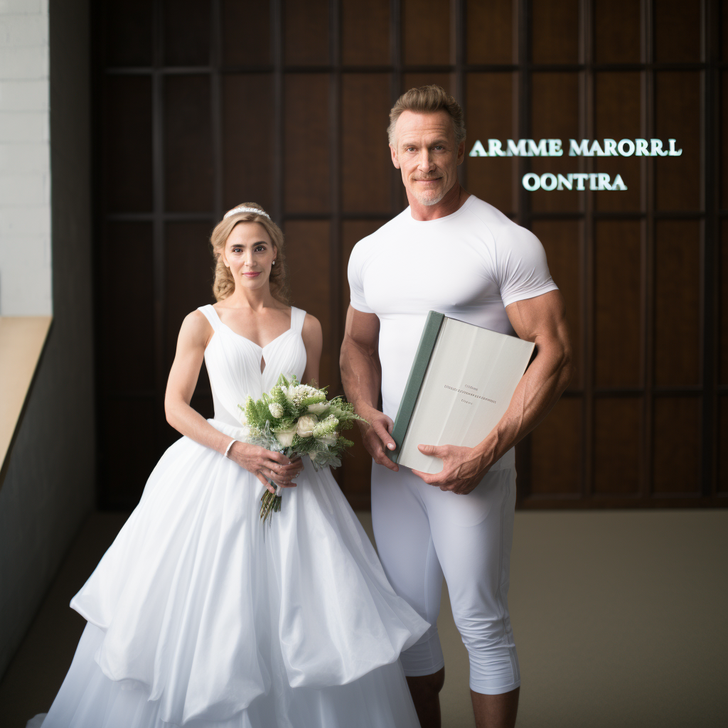 Arnold Swarsenegger in wedding dress holding a book