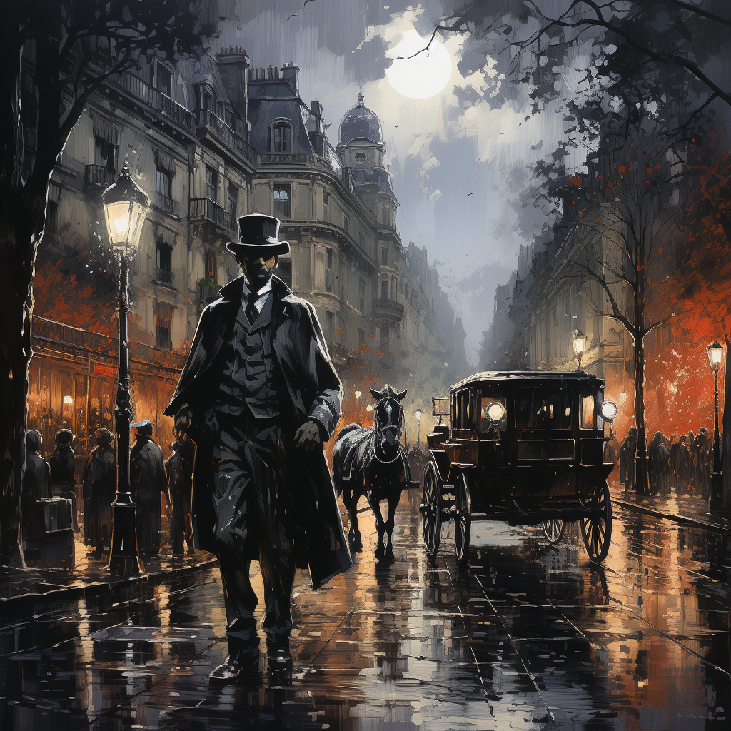 Illustration of Arsène Lupin walking down a street with carriages