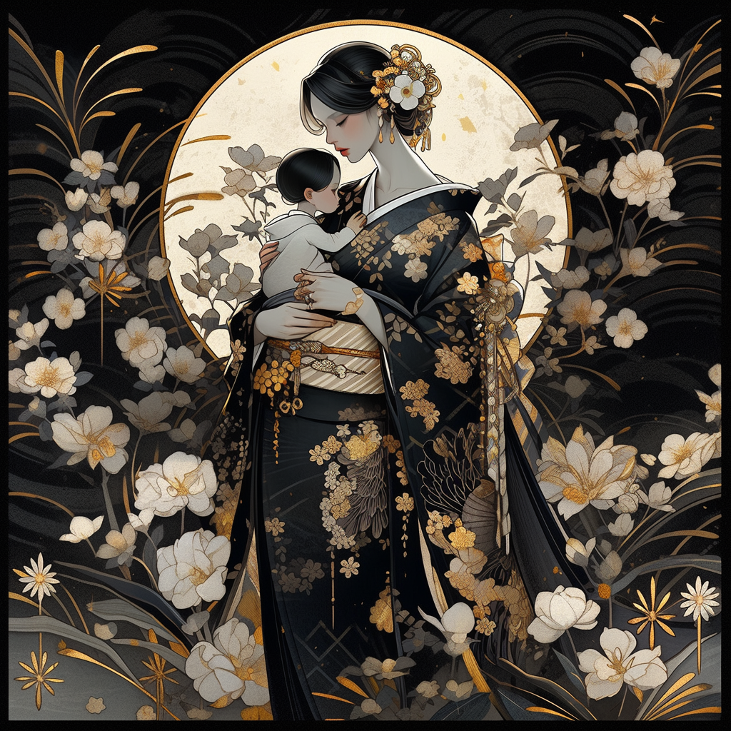 Beautiful Japanese Geisha Holding Her Baby in Black and Gold