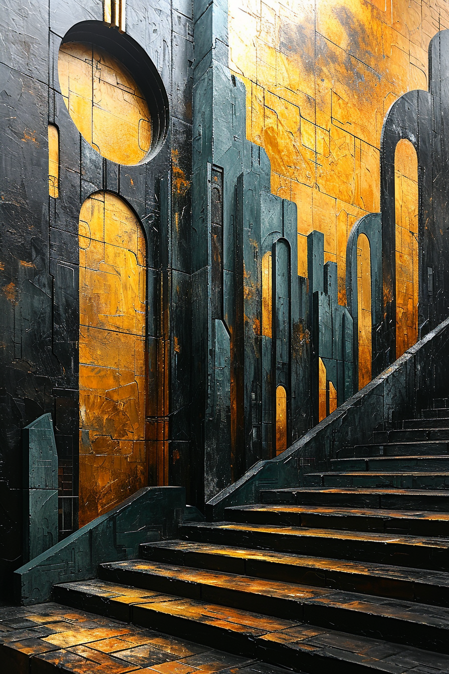 Art Deco urban scene in black and gold