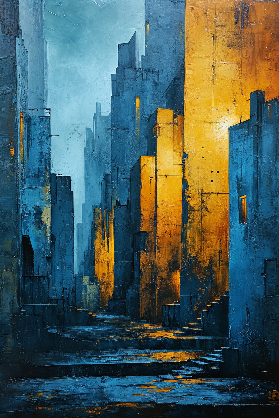 Art Deco cityscape in blue and yellow