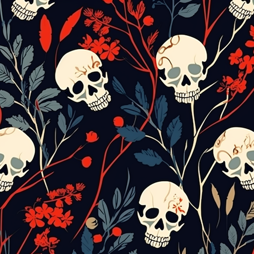 Art Deco Boho Leaves Skulls Pattern