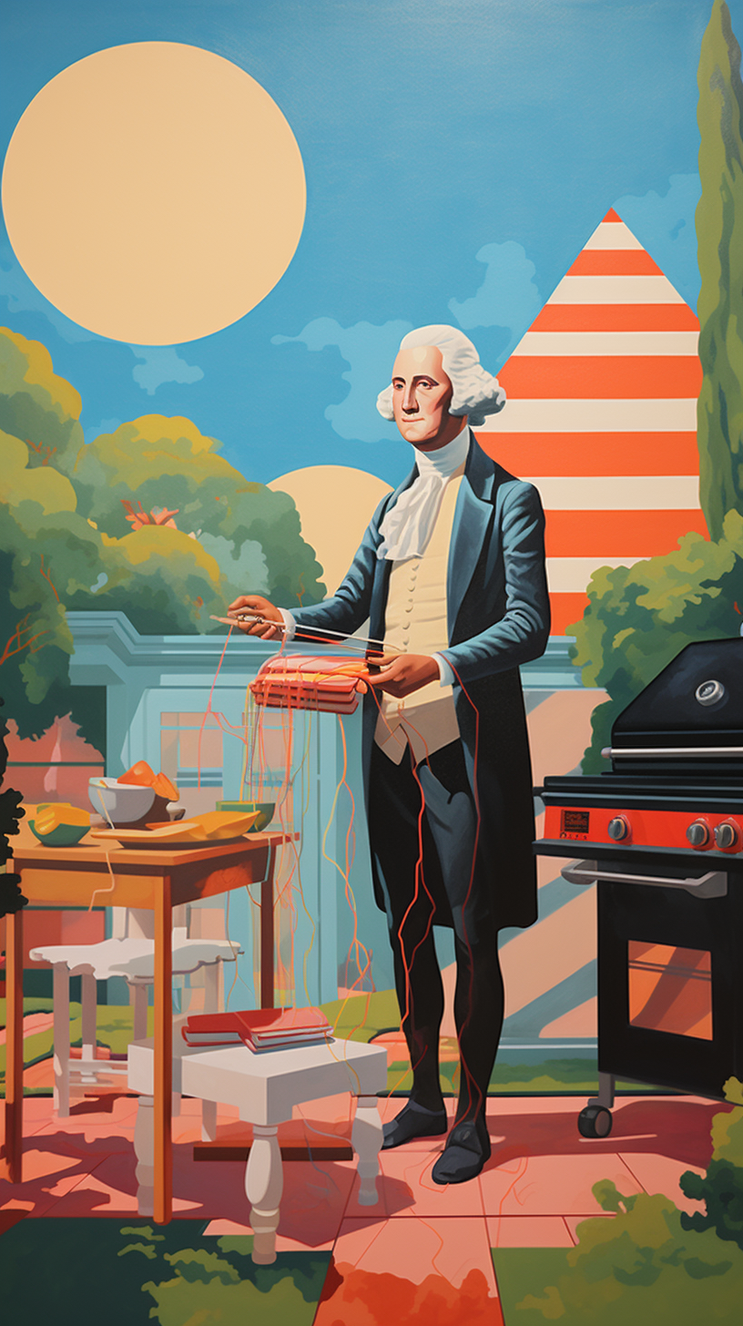 George Washington grilling in backyard party