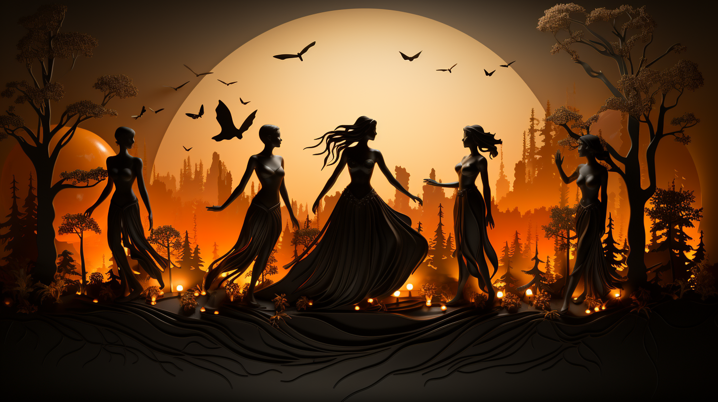 Art Deco Halloween fairy with pumpkin and full moon