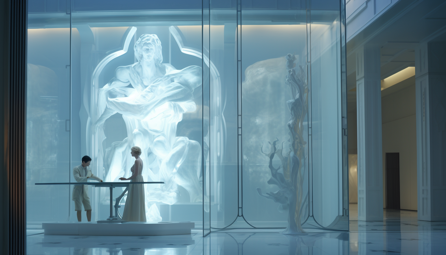 Woman enclosed in translucent porcelain cube in hospital hall