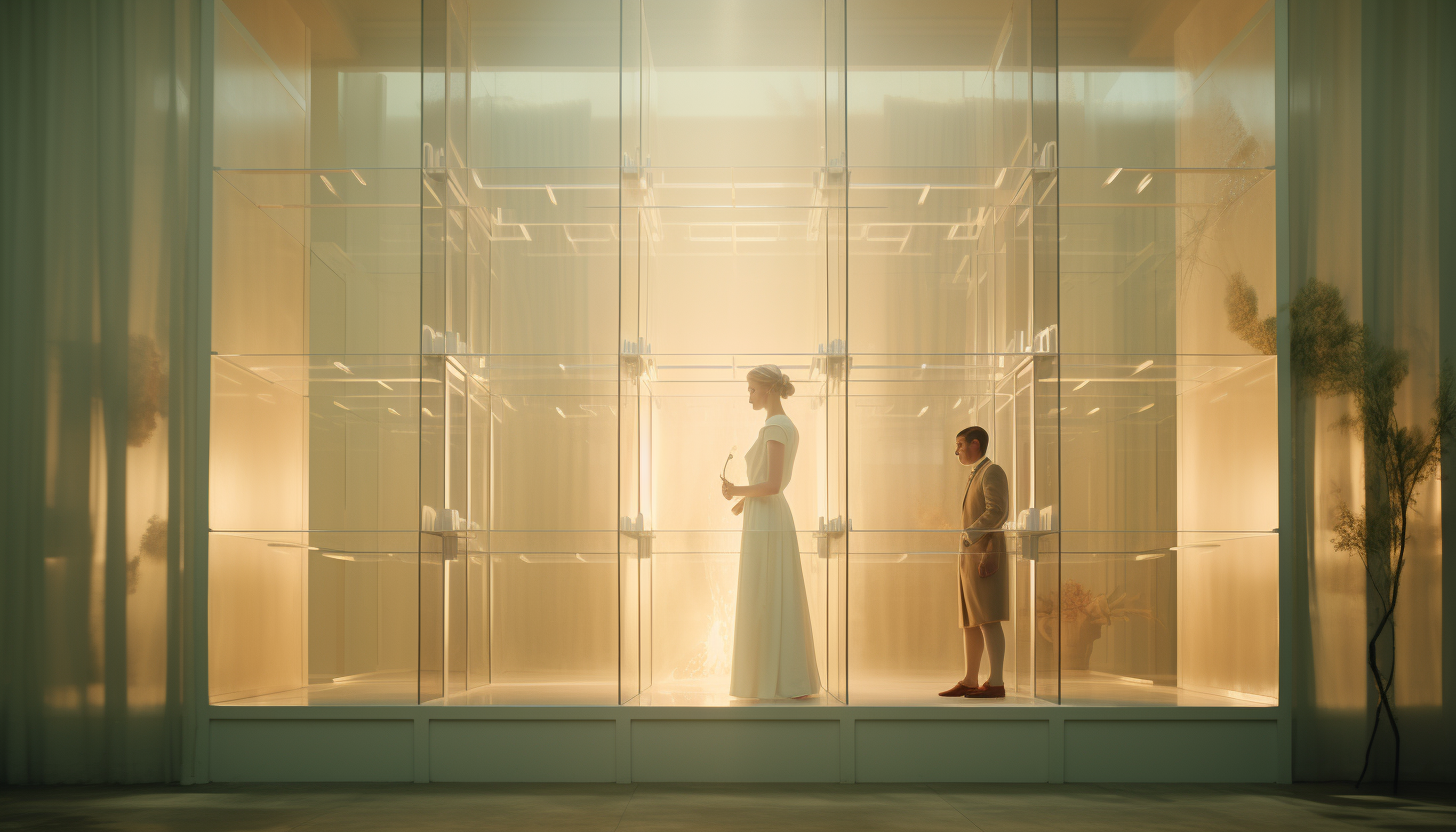 Art Deco Hospital Hall with Enclosed Woman in Glass Cube