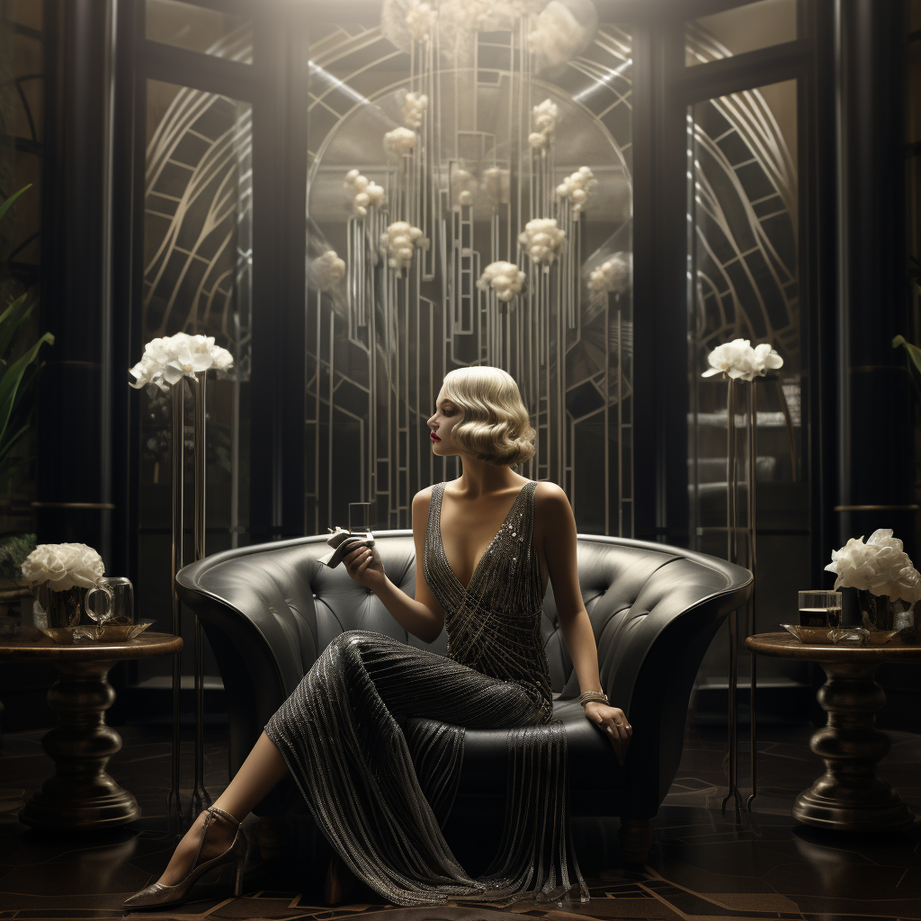 Woman smoking in opulent art deco mansion