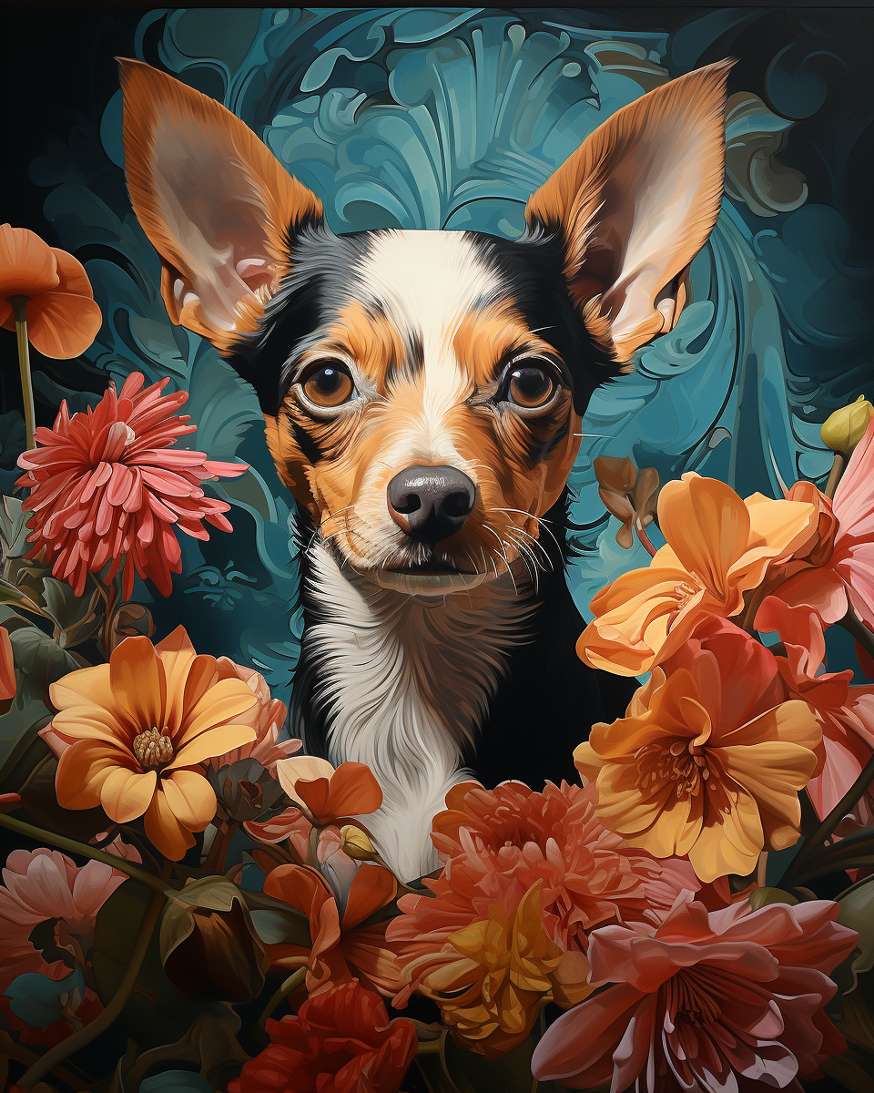 Art Deco puppy surrounded by flowers