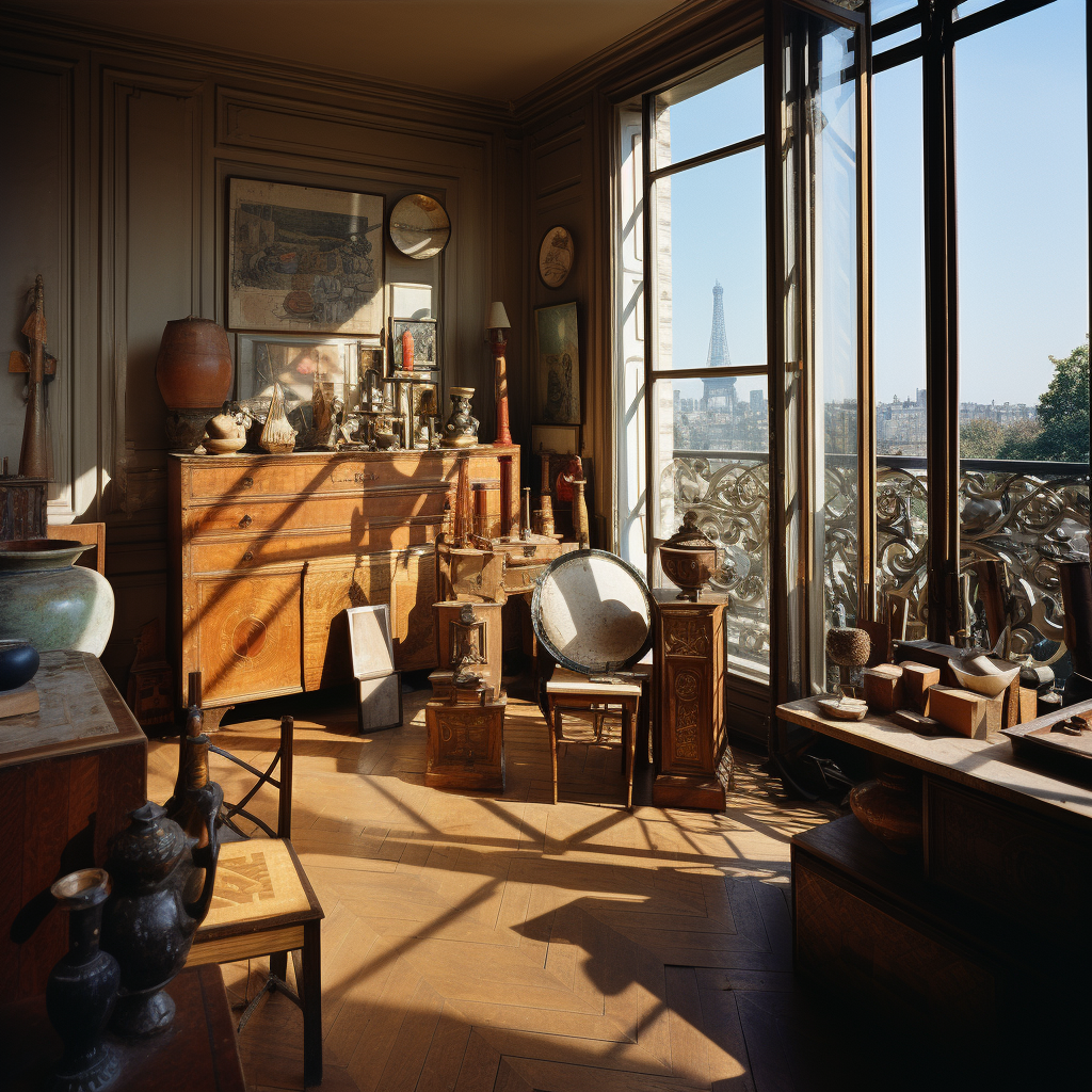 Image of a cluttered Art Deco room with a view of the Louvre in Paris