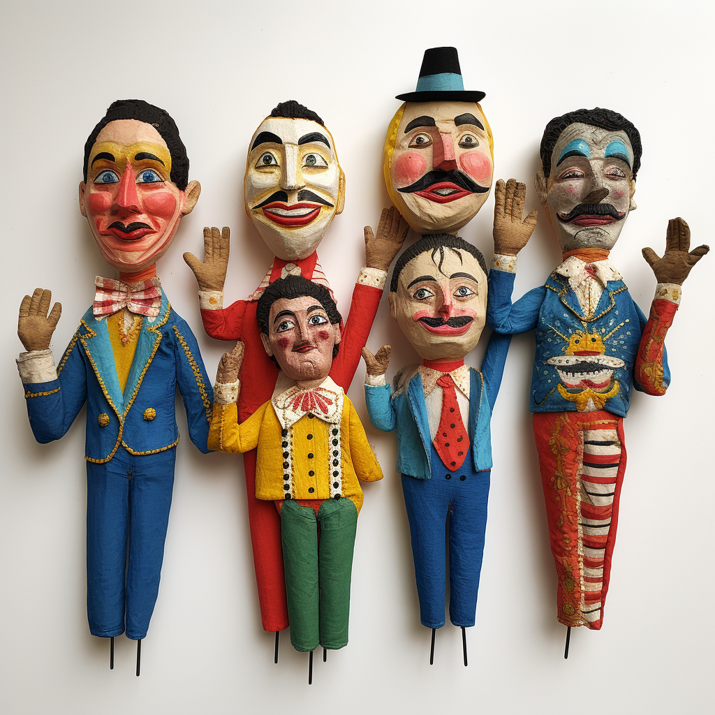 Vibrant circus hand puppets in the 1970s