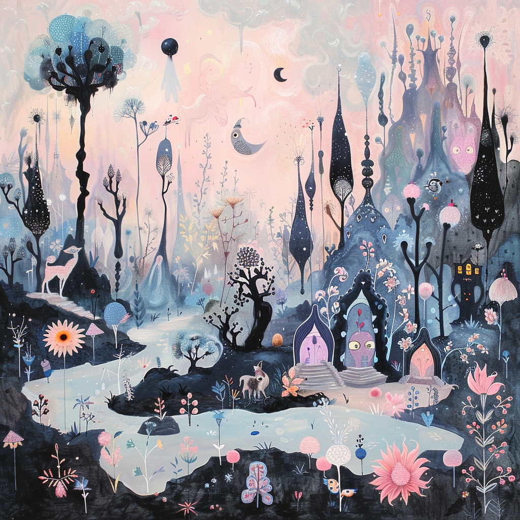 Cute whimsical fairytale landscape animals