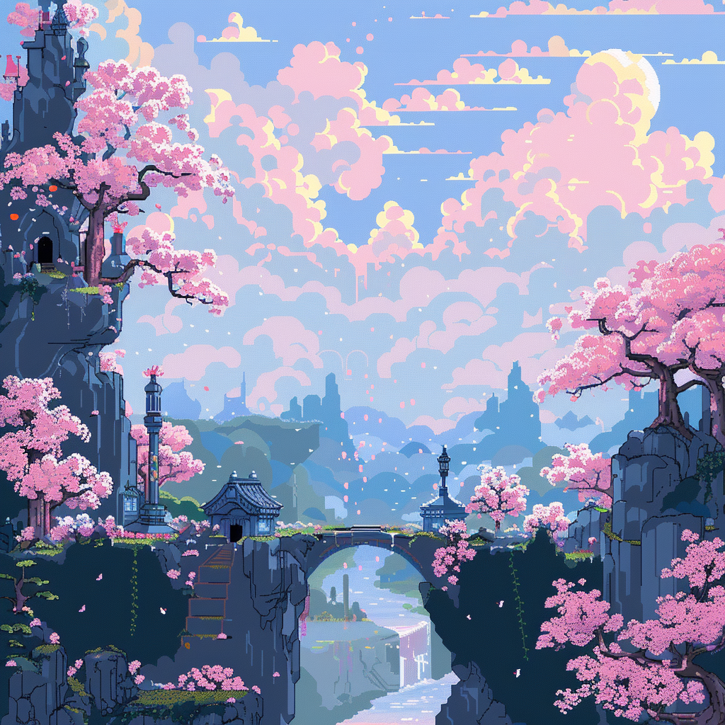 Whimsical fantasy landscape pixel art