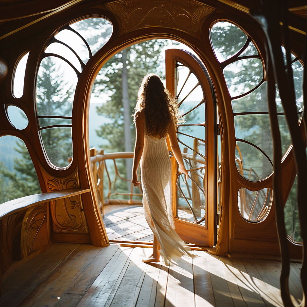 30-year-old woman entering luxury cabin doorway