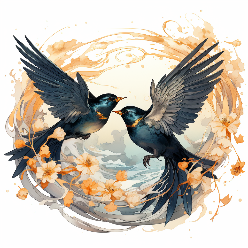 Art Nouveau Swallow Birds Drawing