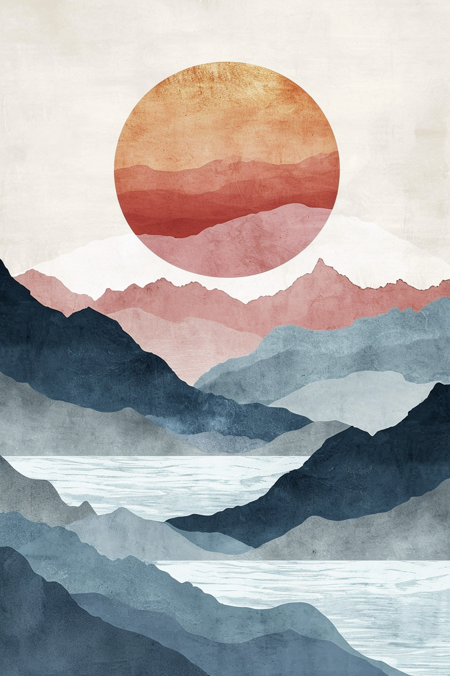 Simple Art Poster with Sun and Mountains